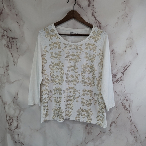 Chicos T Shirt Women Large 2 White Tee V Neck Gold Stamp Printed Quarter Sleeve - Picture 1 of 12